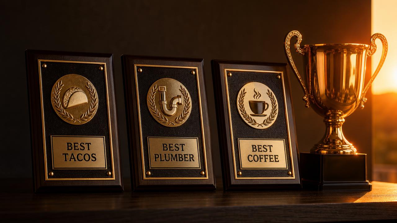 Best of Chino Hills award plaques and trophy for winning businesses